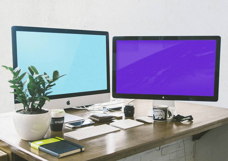 Workspace with iMac and Apple Display Mockup